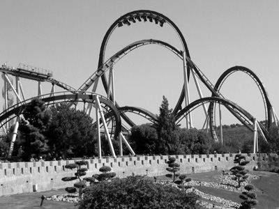 Black and white image of a roller coaster.