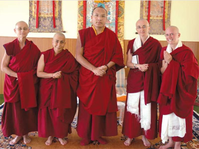 The Seventeenth GyalwangKarmapa in northern India with members of the Dharmadatta Nuns’ Community.