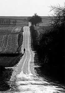 Person walking down a long country road.