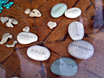 Cute little rocks with words: serenity, smile, energy, harmonie, generosity, humour.
