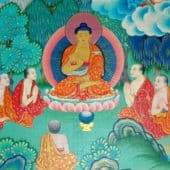 A painting of Shakyamuni Buddha teaching to monastics.
