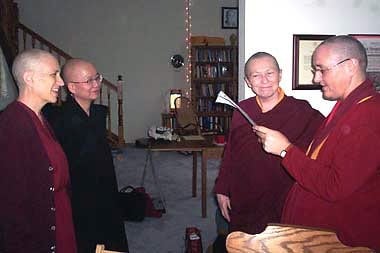 Venerable Chodron with Venerable Tsedroen and other nuns.