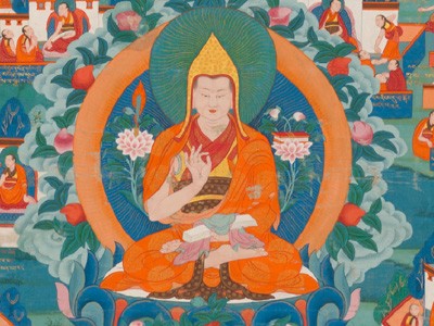 Lama Tsongkhapa'nın Thangka görüntüsü.