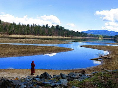 A nun stands by a lake with open meadow and trees.