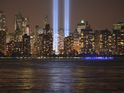 The Manhattan skyline on the anniversary of 9/11.