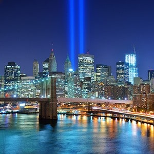 New York City skyline and 9/11 Tribute in Light.