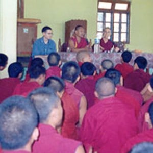 Venerable Chodron giving a talk Drepung Loseling Monastery.