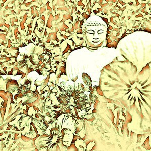 Buddha and flowers in orange color.