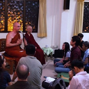 Venerable Chodron and Venerable Dhammika having a talk at the Buddha Dhamma Mandala Society.