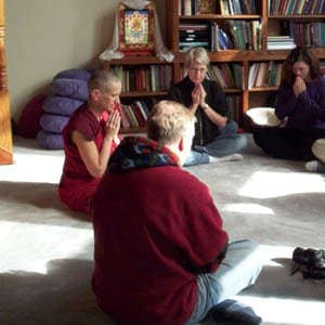 Venerable Chodron meditating with Abbey guests.