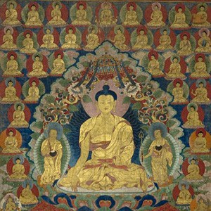 Thangka image of Shakyamuni Buddha with the 35 Buddhas of Confession.