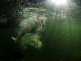 Man underwater trying to reach the ray of sun from above the water