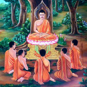 Painting of the Buddha's first sermon and five disciples.