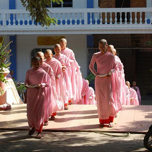 Burmese nuns walking in formation.