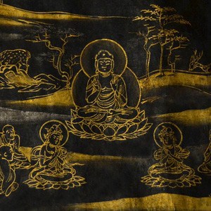 Gold calligraphy 'Great Wisdom Sutra Handscroll - Frontspiece detail - the Buddha's First Sermon.