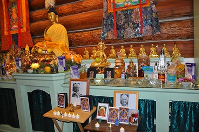 Altar set up for Medicine Buddha puja.
