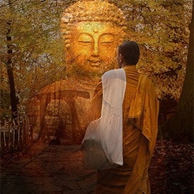 Monk walking toward a transparent Buddha figure.