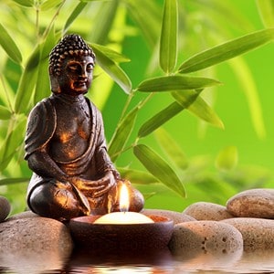 Candle in front of Buddha statue with bright green leaves in background.