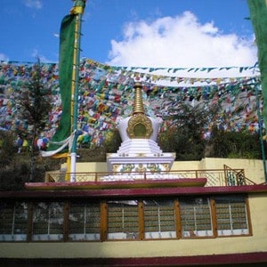 Stupy i flagi modlitewne w dharamsali.