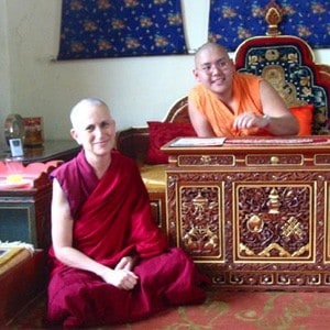 Venerable Chodron in South India with the reincarnation of her teacher, Ling Rinpoche.
