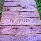 The word Dharma on a boardwalk.