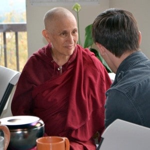 Venerable Chodron visiting with an Abbey guest.