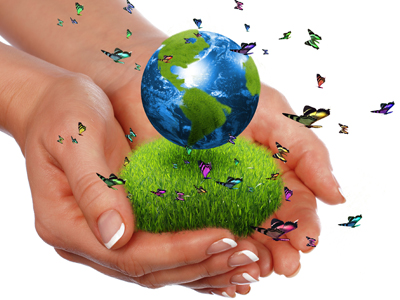 Hands holding a patch of green grass and the earth, surrounded by butterflies.