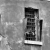 A man standing in a prison highly grill window.