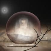 Image of the transparent Buddha inside a bubble. Background showing a moon and mountain.