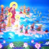 Amitabha Buddha and alot of bodhisattva coming to fetch an old man to pureland.
