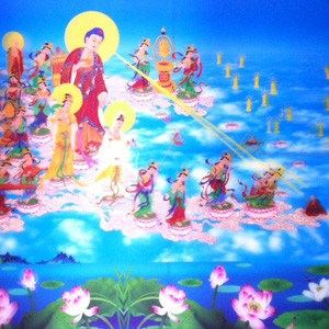 Budda Amitabha i wielu bodhisattwów przybywających, aby sprowadzić starego człowieka do czystej krainy.
