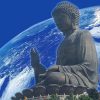 Buddha statue superimposed over earth.