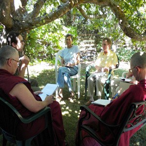 EML participants and Abbey sangha in discussion.