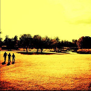 Yellow-toned image of brothers walking through a field.