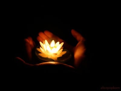 Someone's hand holding a lotus candle with light in a dark place.