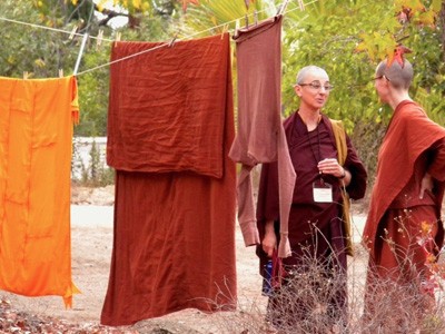 Monastic robes hanging on a clothesline.