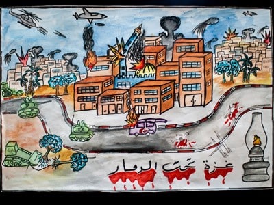 Drawing of Gaza bombing- planes dropping bomb, buildings bomb and people dying in blood on the road.