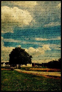 Transparent image of letter over photo of house in the country.