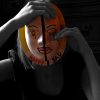 A woman wearing a mask covering her face, one side of the mask with an open eye and word Happy and the other side of the mask a crying eye with the word Sad.