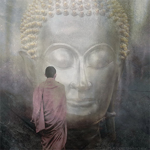 Monk walking toward the large, transparent head of a buddha.