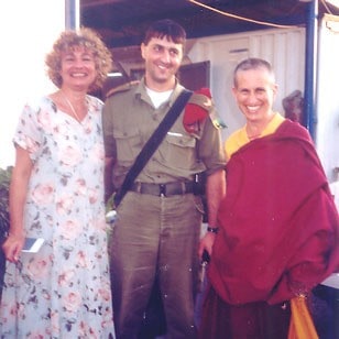 Venerable with a woman and a soldier at the Gaza Strip.