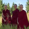 Venerables Tarpa, Saldon, and Chodron standing outside in the lower Abbey meadow.