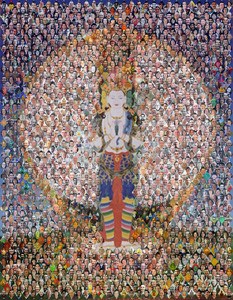 Immagine di Avalokiteshvara, composta da un mosaico di volti di persone