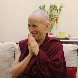 Ven. Chodron smiling with palms together.