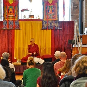 Venerable Thubten Chodron giving a talk in Chicago Jewel Heart Center.