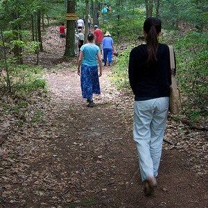 Group of people walking down a forest trail.