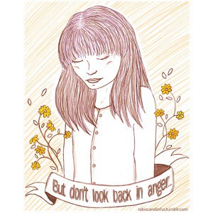 A sad girl with the word: But don't look back in anger