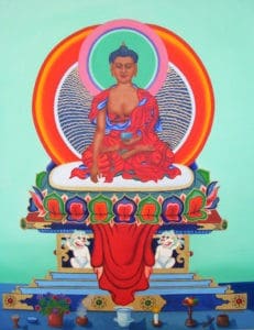 Farbige Malerei eines Buddha.