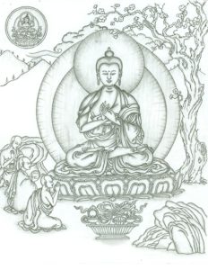 Czarno-biały rysunek ołówkiem przedstawiający Buddę Siakjamuniego.