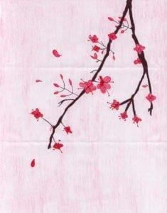 Kolorowy rysunek ołówkiem różowych kwiatów na gałęzi.
